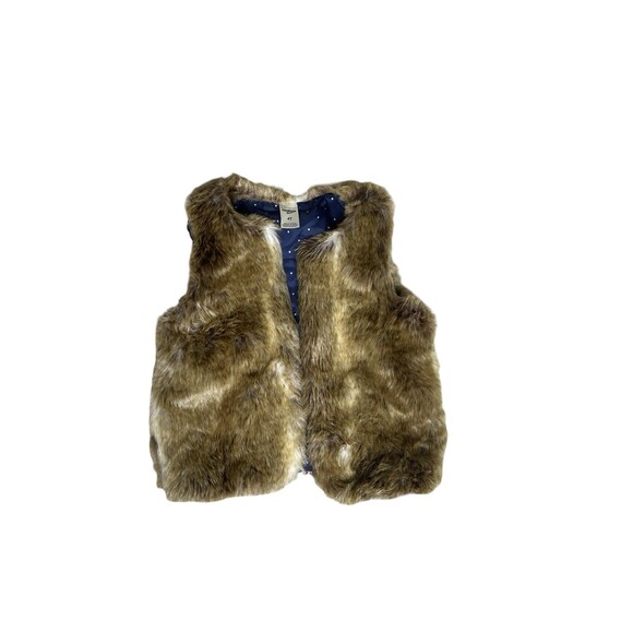 Oshkosh B'Gosh Girl's Sleeveless Shaggy Faux Fur Jacket Vest 4T Brown Navy Blue - Picture 1 of 7